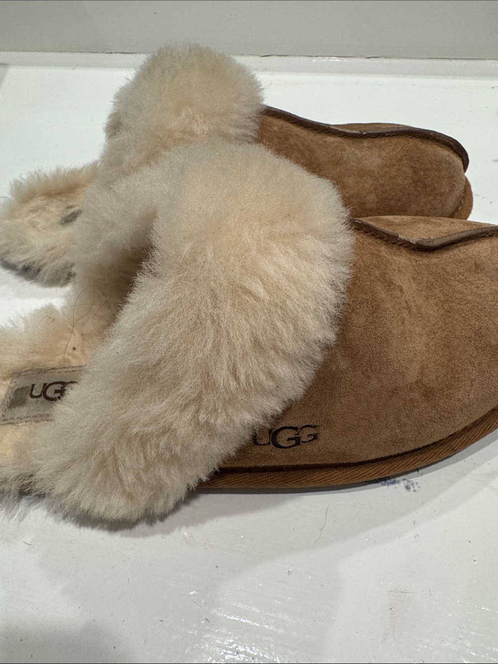 UGG Tan Suede Slip-On Shearling Slippers with Cream Fur Trim